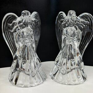 Vintage Leaded Crystal Angel Candleholders Glass Figurine Set Of 2 Holiday Decor